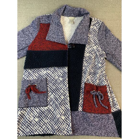 Multiples Cardigan Sweater Patchwork Knit Quirky Blue Red Size XL - Picture 3 of 8